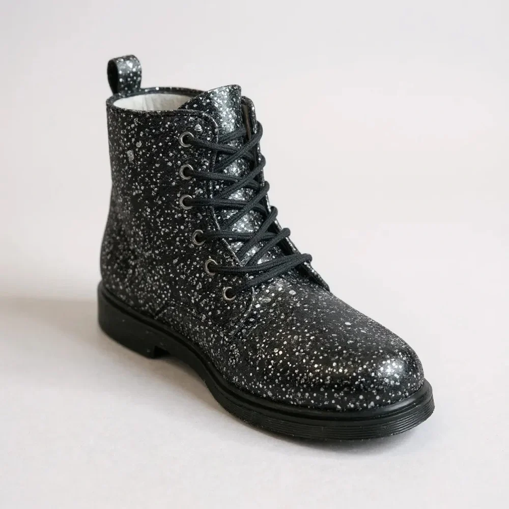 FABKIDS Girls Glitter Combat Boots Black Sparkle Size 5/UK 4/EU 37